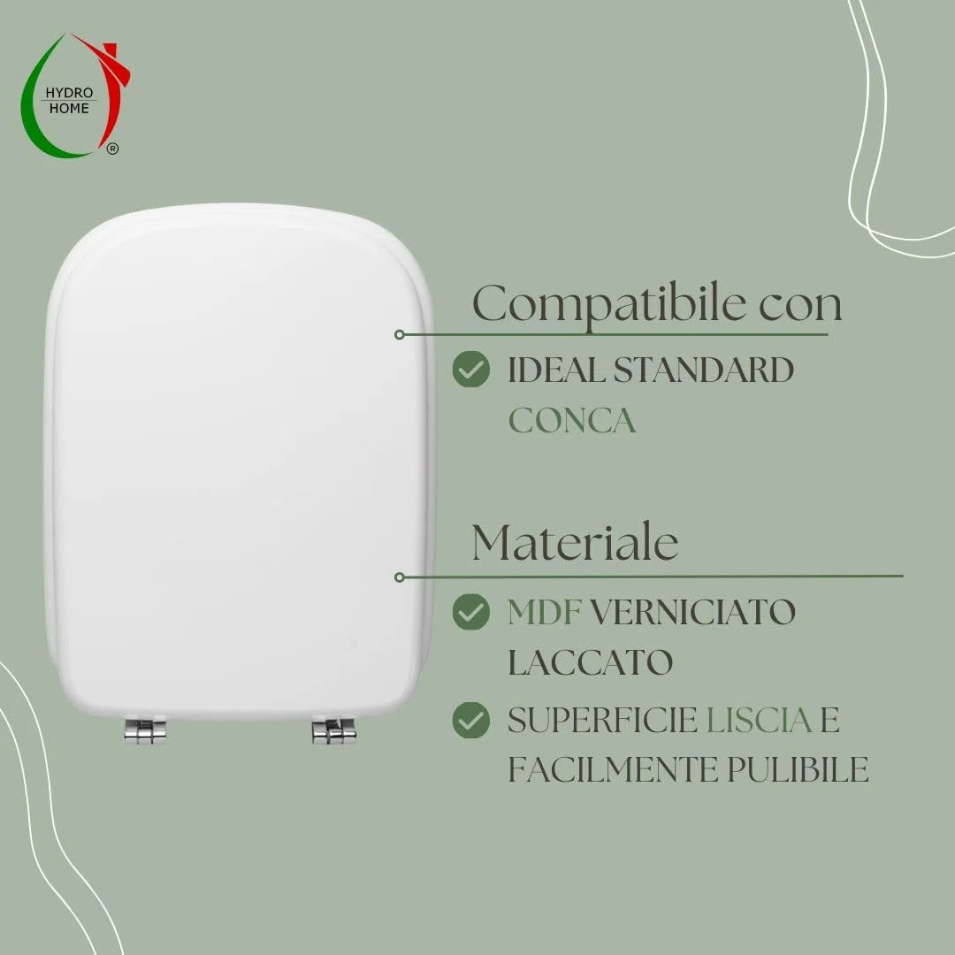 HYDRO HOME Copriwater Compatibile con Ideal standard CONCA, Tavoletta WC in legno verniciato, cerniere incluse, Sedile WC Resistente, Chiusura Classica, Montaggio rapido (BIANCO EUR)