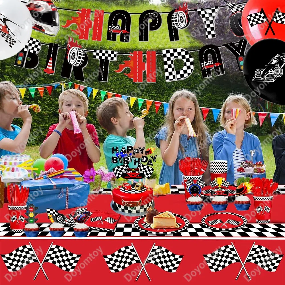 Stoviglie per Feste Corsa,Doyomtoy 72 Pezzi Racing Car Compleanno Decorazioni Auto Piatti di Compleanno, Tazze, Tovaglioli Bambini per Forniture per Feste a Tema per Auto 24 Ospiti