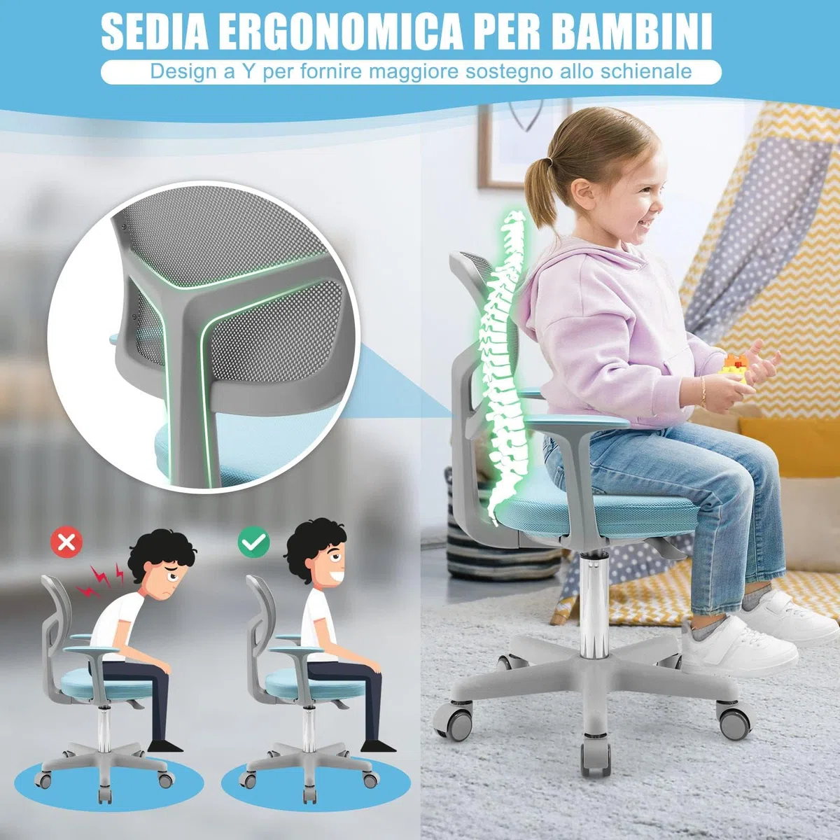 GYMAX Sedia da Scrivania per Bambini, Carico 150 kg, Sedia Ergonomica, Altezza Regolabile, Girevole a 360° (BLU)