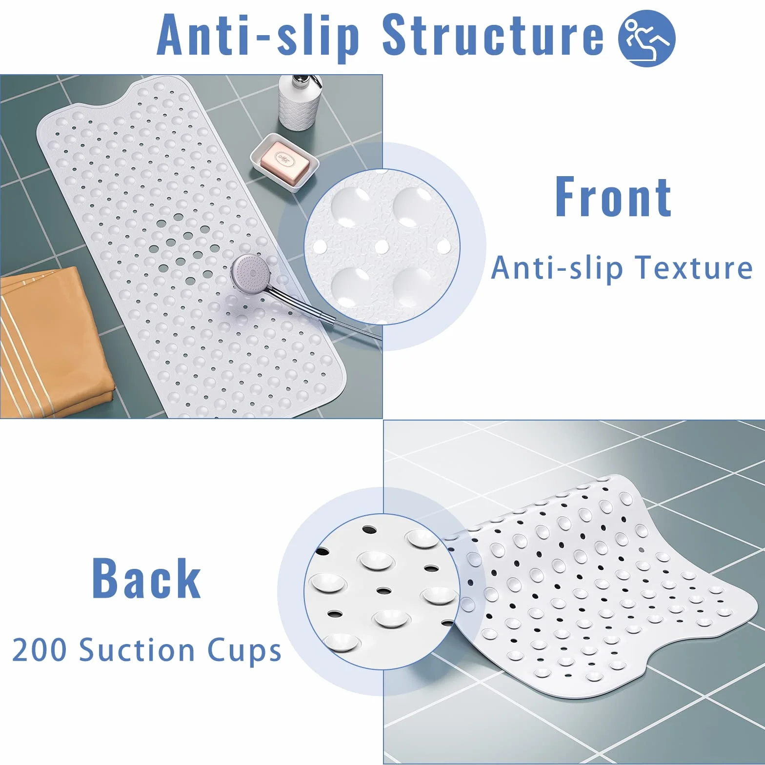 Tappetino Antiscivolo per Vasca da Bagno e Doccia,100 x 40cm Extra Lungo con Ventose Bath Mat Universale per Bagno, in PVC,Antibatterico,Resistente alla Muffa (Bianco)