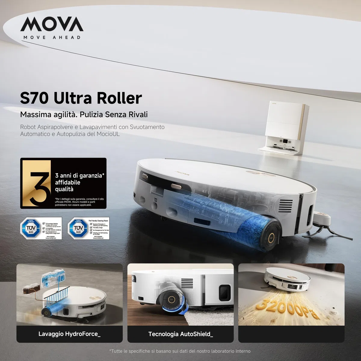 Mova S70 Ultra Roller Robot Aspirapolvere da 32.000 Pa con Lavaggio HydroForce, Navigazione CovertSense, Tecnologia AutoShield, Doppio sistema Anti-Groviglio, Comandi Vocali e Base All-in-One