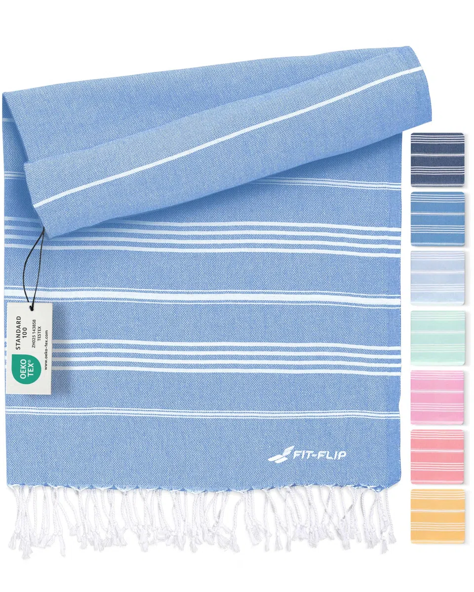 Fit-Flip Telo hammam – asciugamano mare cotone antisabbia XXL – asciugatura rapida - teli sauna fouta, asciugamani spiaggia ideale come sarong e per doccia – Blu – 100x200cm Sultan