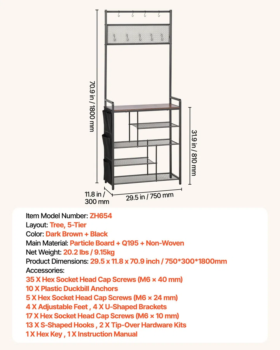 VEVOR Mobiletto Appendiabiti da Ingresso Appendiabiti con Scarpiera Ripiani Portaoggetti per Soggiorno Camera da Letto, Mobiletto Attaccapanni 750 x 300 x 1800 mm con Ganci Porta Sciarpa Scarpe
