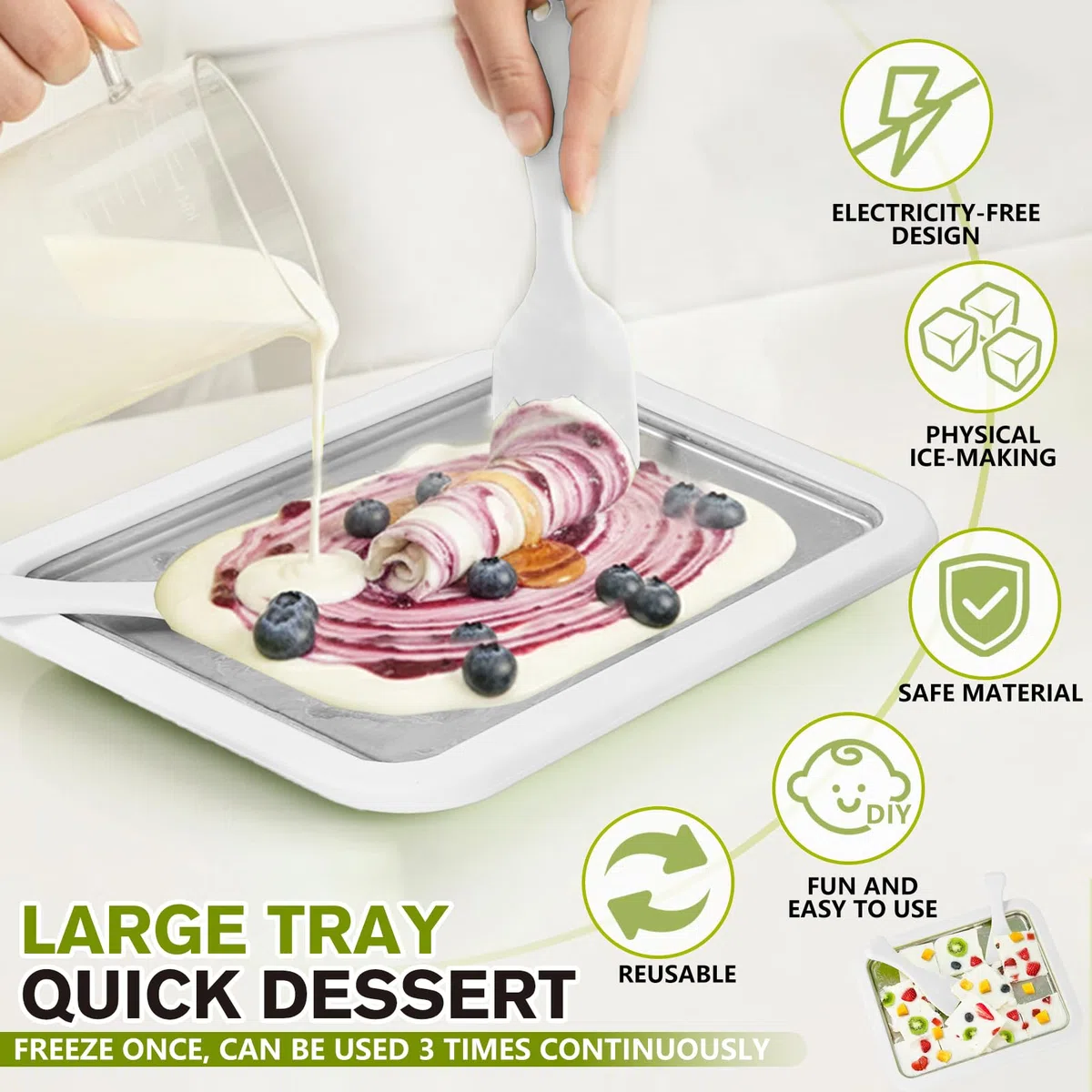 Macchina Gelatiera Istantanea Con 2 Spatole, Padella Per Gelato DIY Rolling Ice Cream Maker Per Adulti E Bambini, Per Panna Fatta in Casa, Yogurt Gelato, Sorbetto (Bianco,22.5 * 17.5CM)