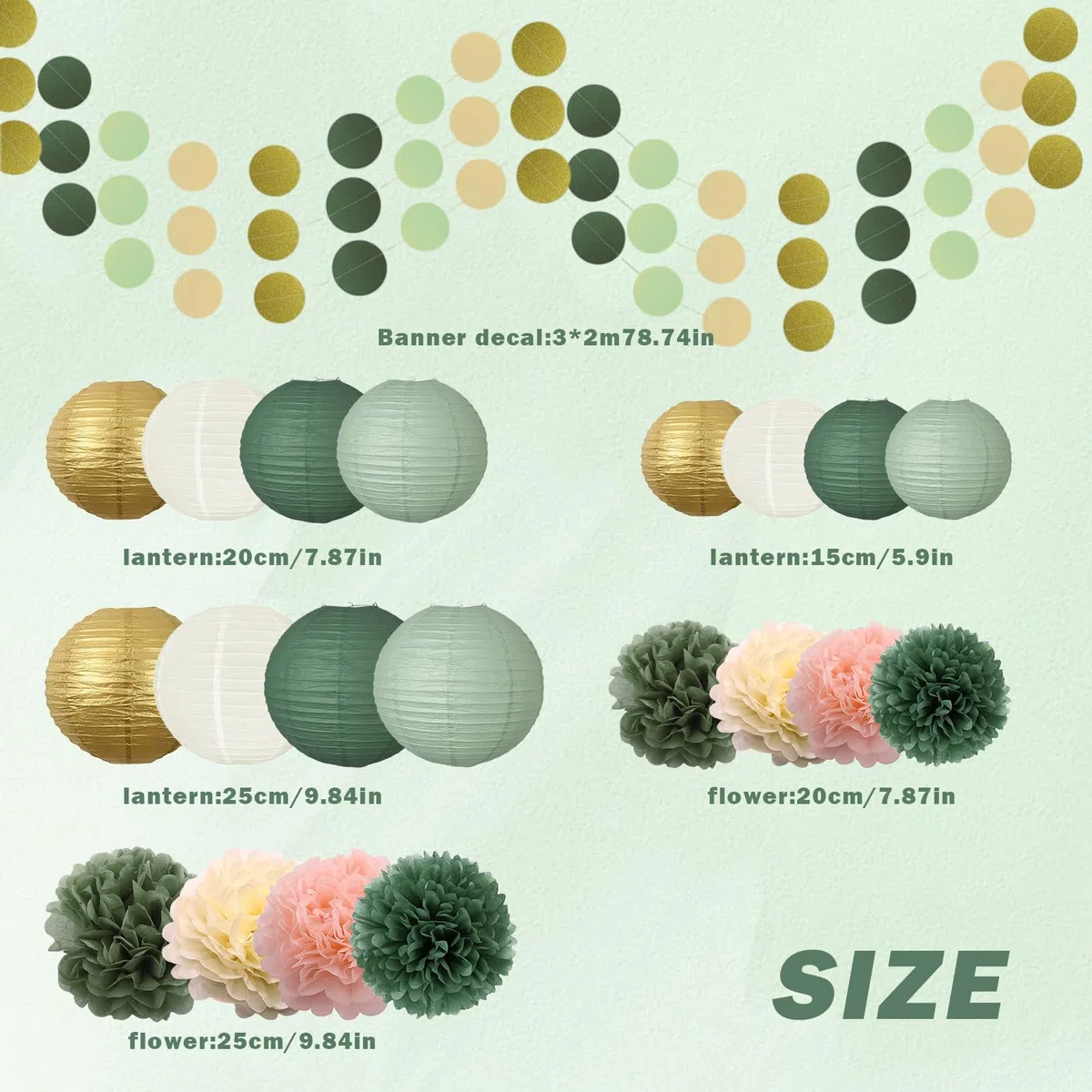 Set di 23 lanterne di carta, verde salvia e oro, lanterne rotonde di carta per sposa, decorazioni di nozze, feste di compleanno, giardino, verde salvia