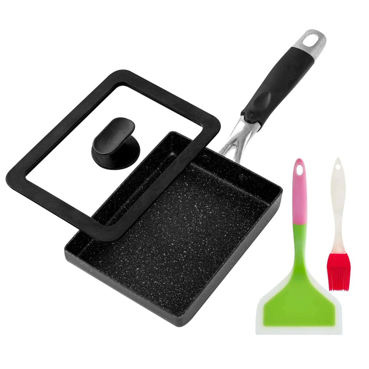 Padella Tamagoyaki di alta qualità, 17,8 x 12,7 cm, per omelette giapponese, con rivestimento antiaderente, coperchio e pennello per olio
