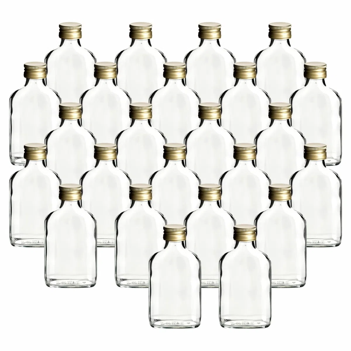 gouveo Set di 24 bottiglie di vetro Fiaschetta da 100 ml con tappo a vite oro - bottiglia piccola da 0,1 l per il riempimento - bottiglie di liquore vuote per whisky, gin, brandy, cognac (FF100G)