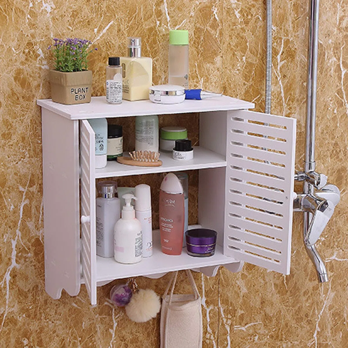 Armadio da bagno a parete bianco piccolo armadio a muro ripiano a muro in PVC organizzatore di stoccaggio sopra lo sciacquone con persiane porte doppie 2 livelli ripiano di stoccaggio