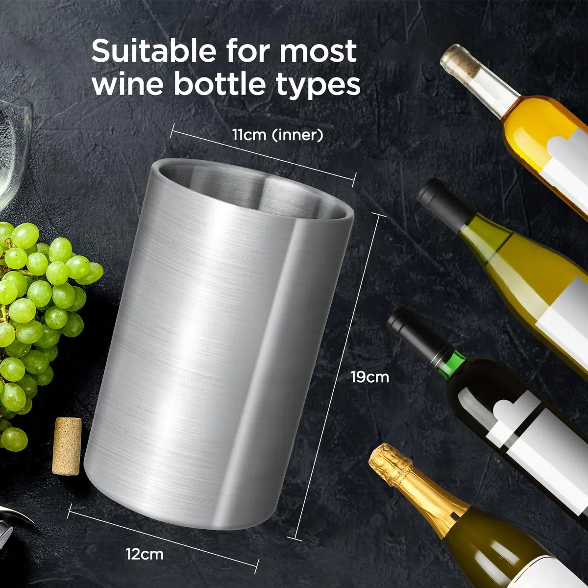 AiQInu 1.6L Refrigeratore per Bottiglie Vino, Refrigeratore per Vino a Doppia Parete in Acciaio Inox, Ø 12 cm, Altezza 19 cm, Adatto Alla Maggior Parte Bottiglie, Ideale per Casa o Viaggio