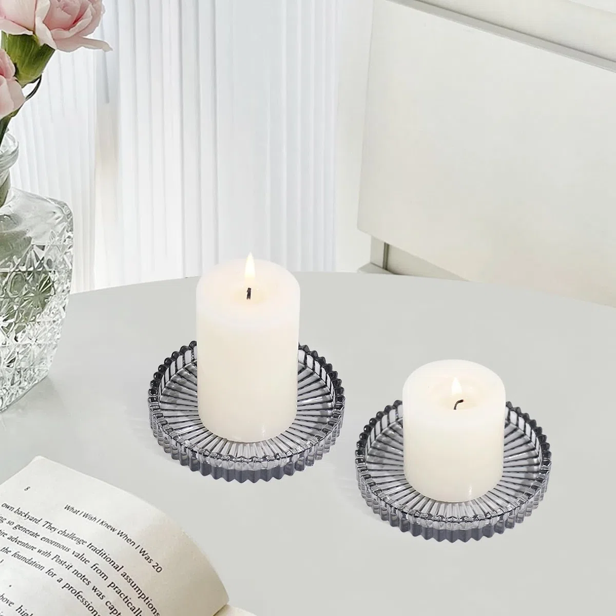 HofferRuffer Confezione da 3 piatti in vetro da 10 cm, portacandele rotondi per candele a pilastro, portacandele tealight, grigio