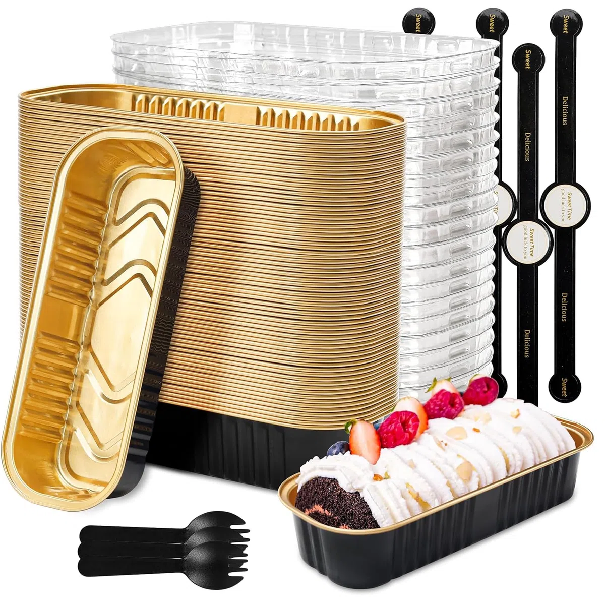Confezione da 60 mini teglie da forno con coperchio e cucchiai, 200 ml, riutilizzabili, rettangolari, in alluminio, con adesivo sigillante, per dessert, pane, matrimoni, picnic, feste di
