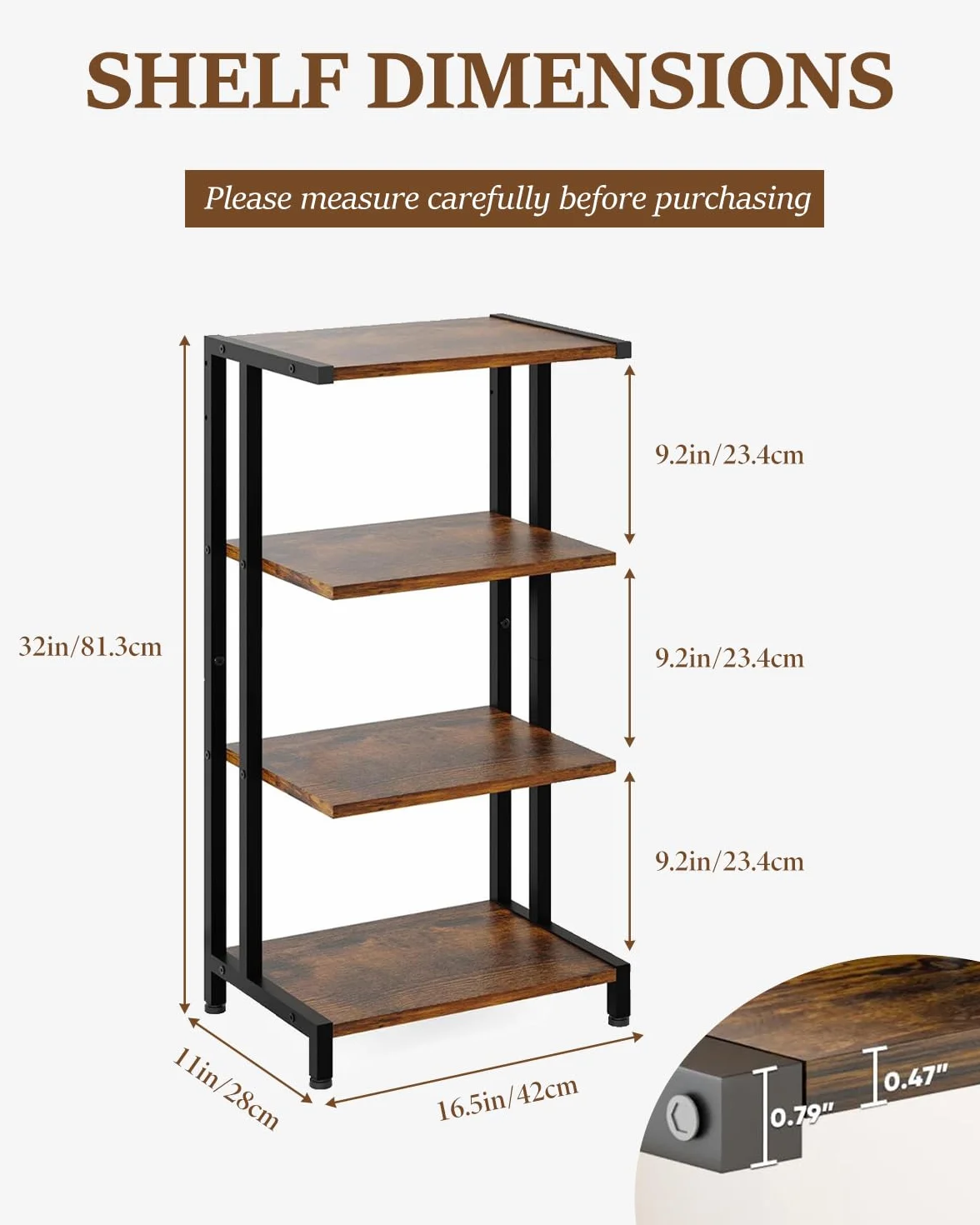 Rack HiFi a 4 livelli in legno e ferro per giradischi, impianto audio, impianto stereo, adatto per soggiorno e studio 28D x 42W x 81H cm, nero/marrone