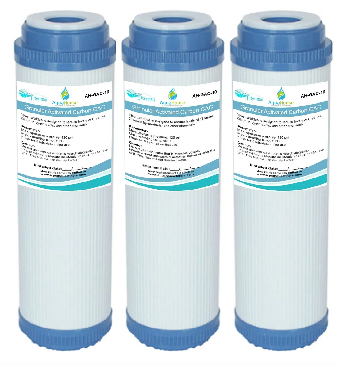 AquaHouse - 3 Cartucce GAC-10 per il filtraggio dell’acqua, a carbone attivo granulare, dimensioni 25,4 cm, per l’osmosi inversa, per tutta la casa e per l’acqua potabile