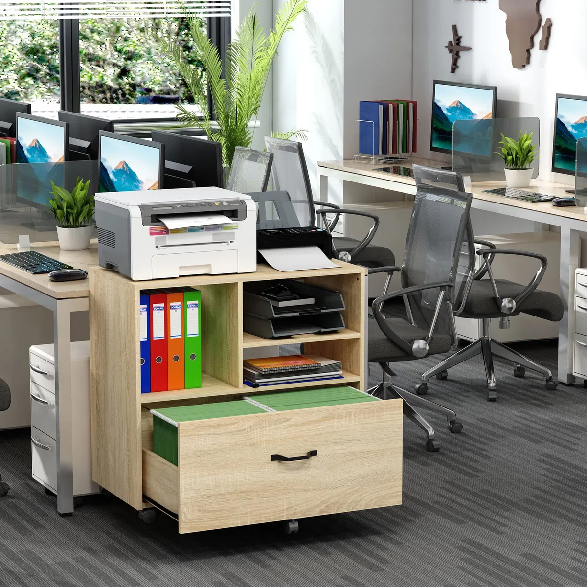 Vinsetto Mobile Multiuso per Ufficio in Legno, Cassettiera con Ruote Porta Stampante con 5 Ruote, Cassetto e Ripiano Regolabile, 77x40x73cm, Legno