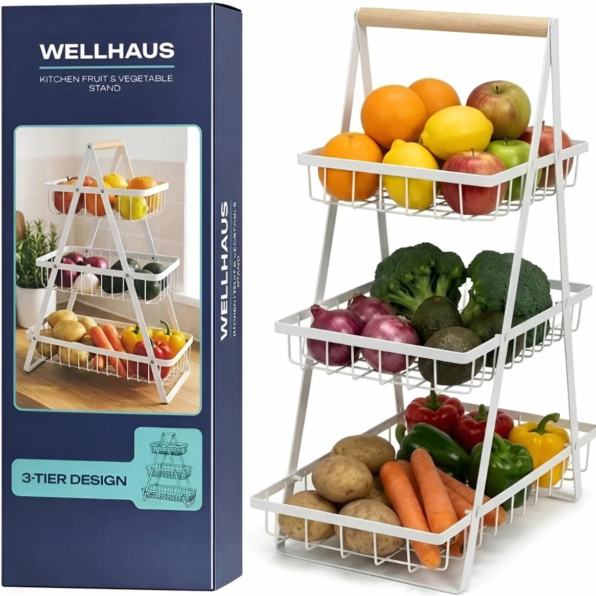 Portafrutta a 3 Ripiani – Contenitore per Frutta e Verdura per Piano di Lavorazione Cucina, Cestino per Frutta e Verdura a 3 Livelli, Contenitore Multipiano per Verdura, Cucina in Metallo