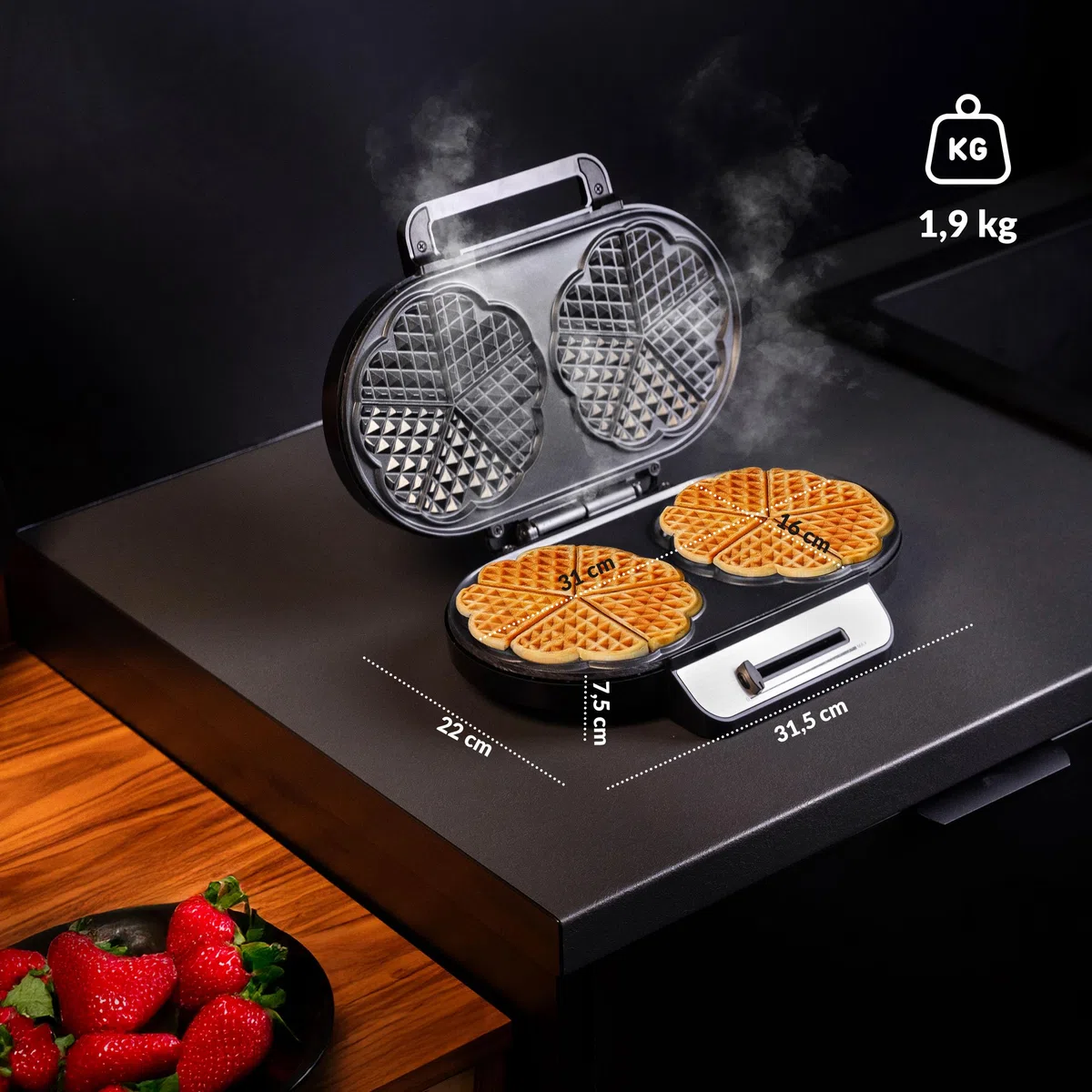 LEHMANN Doppio Piastra per Waffle a Forma di Cuore, Waffle Maker per 10 Cuori, 2 Superfici di Cottura Antiaderenti, Controllo Della Temperatura, Indicatore di Pronto, 1200W, Nero/Argento