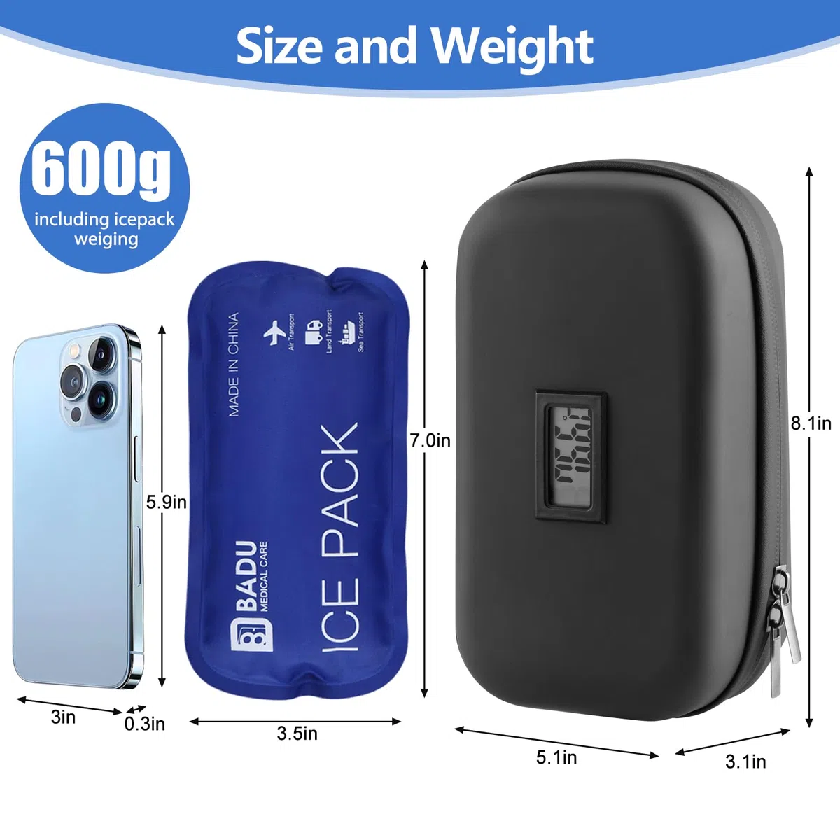 Borsa termica da viaggio per insulina, approvata TSA, portatile, per farmaci diabetici, Con display Fahrenheit, organizer per farmaci refrigerati con 2 confezioni di ghiaccio