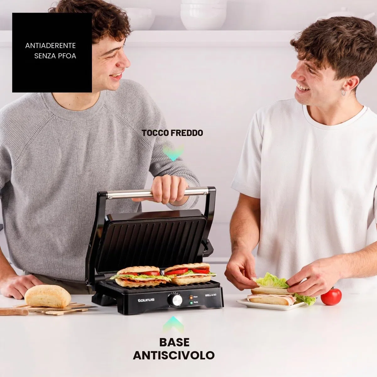 Taurus - Grill Elettrico Grill&Co GR1500X | 1500W | Piastre Antiaderenti 27,5x17,3cm | Coperchio Basculante 180º | Termostato Regolabile | Base Antiscivolo | Vaschetta Raccogligocce