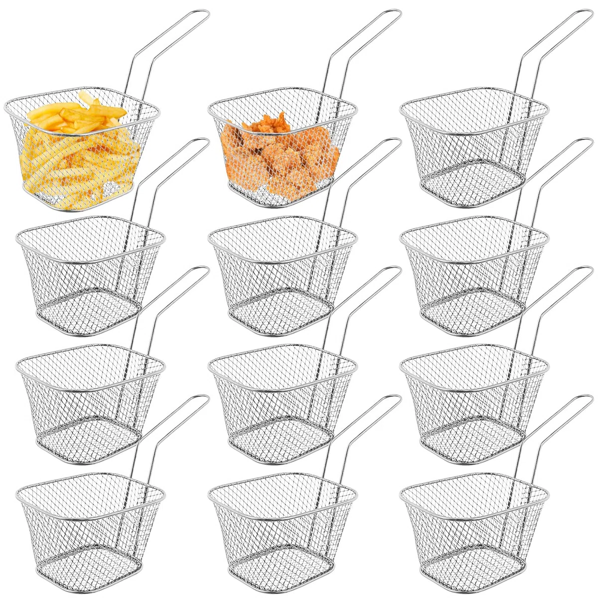 12 pezzi di cestini per patatine fritte, cestello per frittura argento per servire, piccolo cestino in acciaio inossidabile con manico, cestello da portata per patatine fritte, gamberetti, anelli di