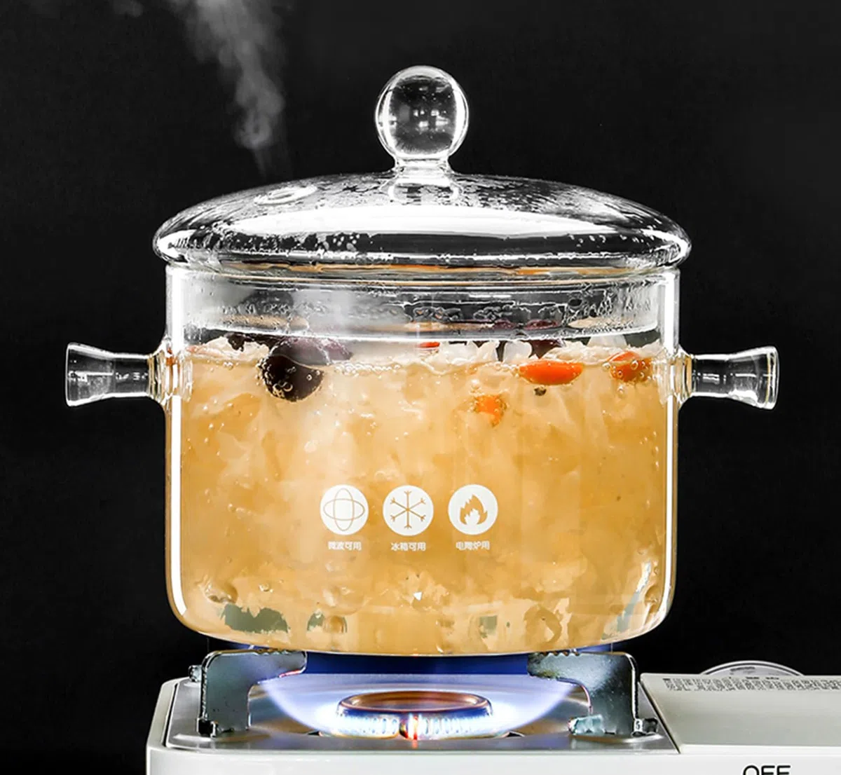 1.5L Pentola in vetro trasparente resistente alle alte temperature,tegame in Vetro borosilicato,pentola in Vetro Trasparente, pentola per zuppa con doppio manico e coperchio