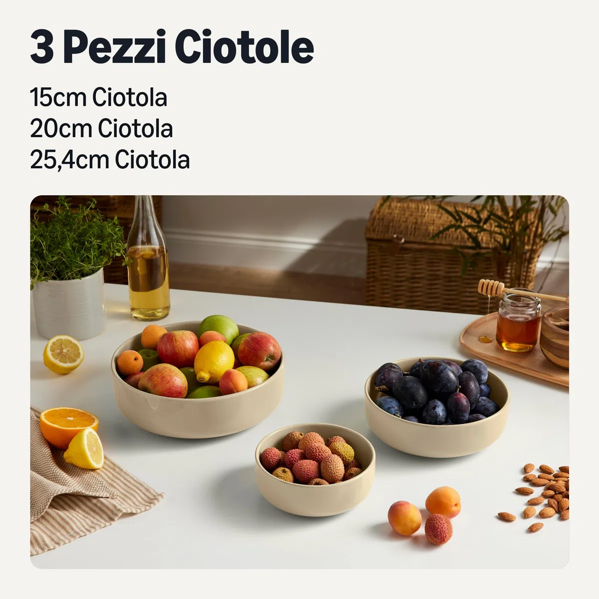 Amazon Basics Ciotole in Gres Smaltato, Set di 3 Pezzi, Lavabili in Lavastoviglie, Grigio Lino