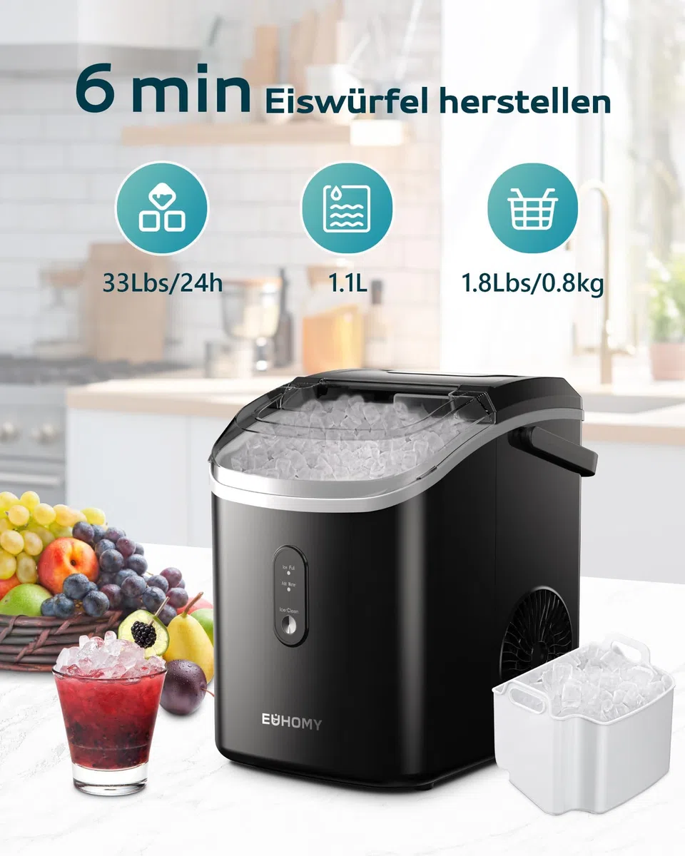 EUHOMY Macchina per cubetti di ghiaccio, 15 kg/24 h, produzione in 6 minuti, Crushed Ice Maker, Nuggets Ice, pulizia automatica, 120 W, macchina per cubetti di ghiaccio da tavolo, sensore a