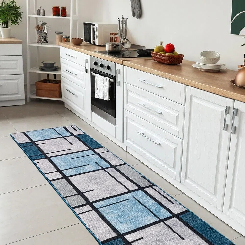 emmevi Tappeto Cucina Bordato Antiscivolo Moderno Passatoia Colori Accesi Marmorizzato 57x140 Cm Blu
