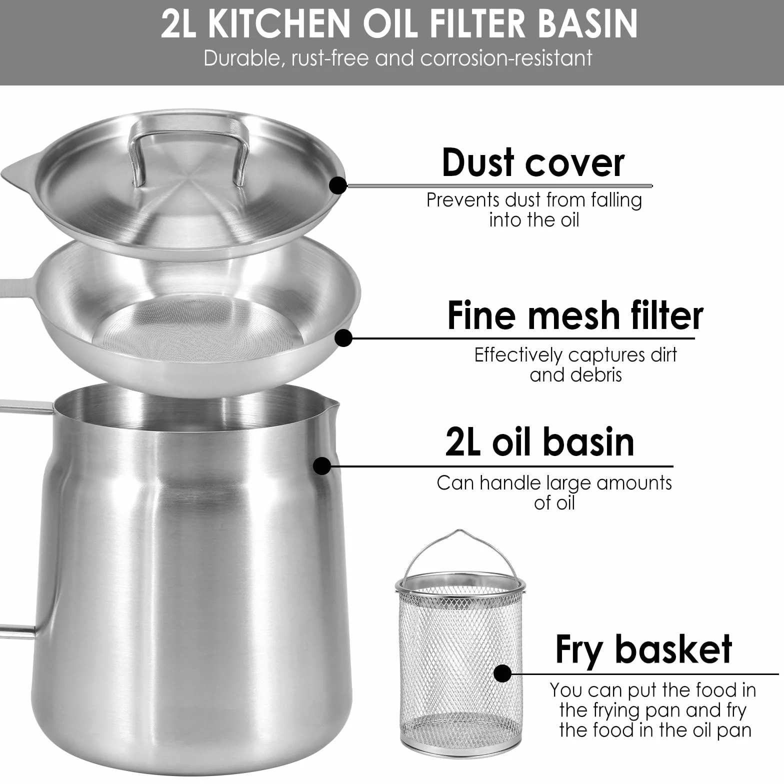 Bacon - Contenitore salva-grasso in acciaio inox, con filtro a rete e cestello, filtro per olio per friggere, filtro antipolvere per grasso (2 l)