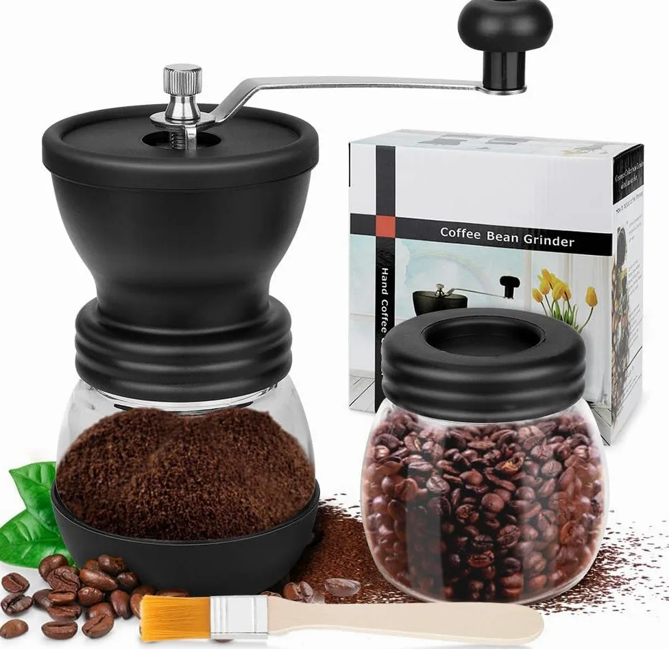 Macina Caffè - Macinacaffè Manuale, Acciaio Inossidabile e Vetro, Con Macine in Ceramica Regolabili, Facile da Pulire, Ideale per Caffè, Espresso, French Press e Pour Over