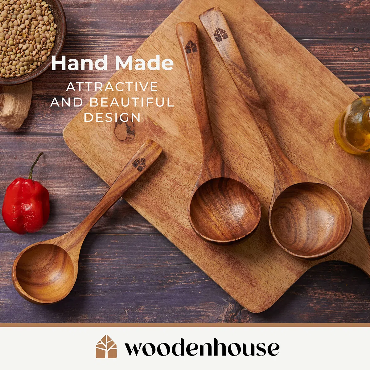 Set Mestoli Cucina Legno, Mestolo Zuppa, Antigraffio, Fatti a Mano con Ganci, Mescolare e Servire Alimenti, Minestre e Zuppe, 3 pezzi