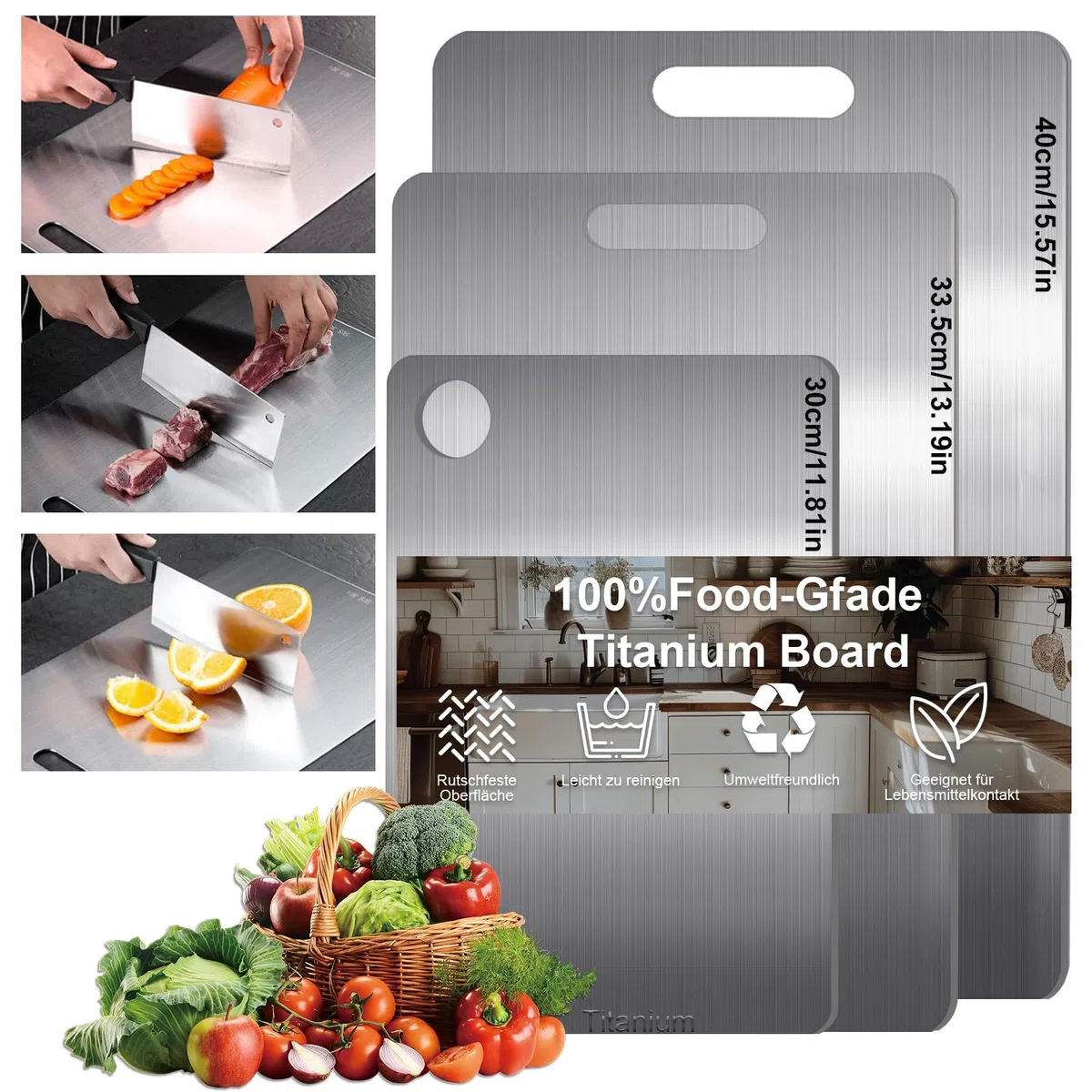 Set di 3 Taglieri in Titanio – Doppia Faccia, Idonei per Alimenti, Superficie Non Porosa per Carne, Frutta e Verdura – Senza Microplastiche, Resistenti agli