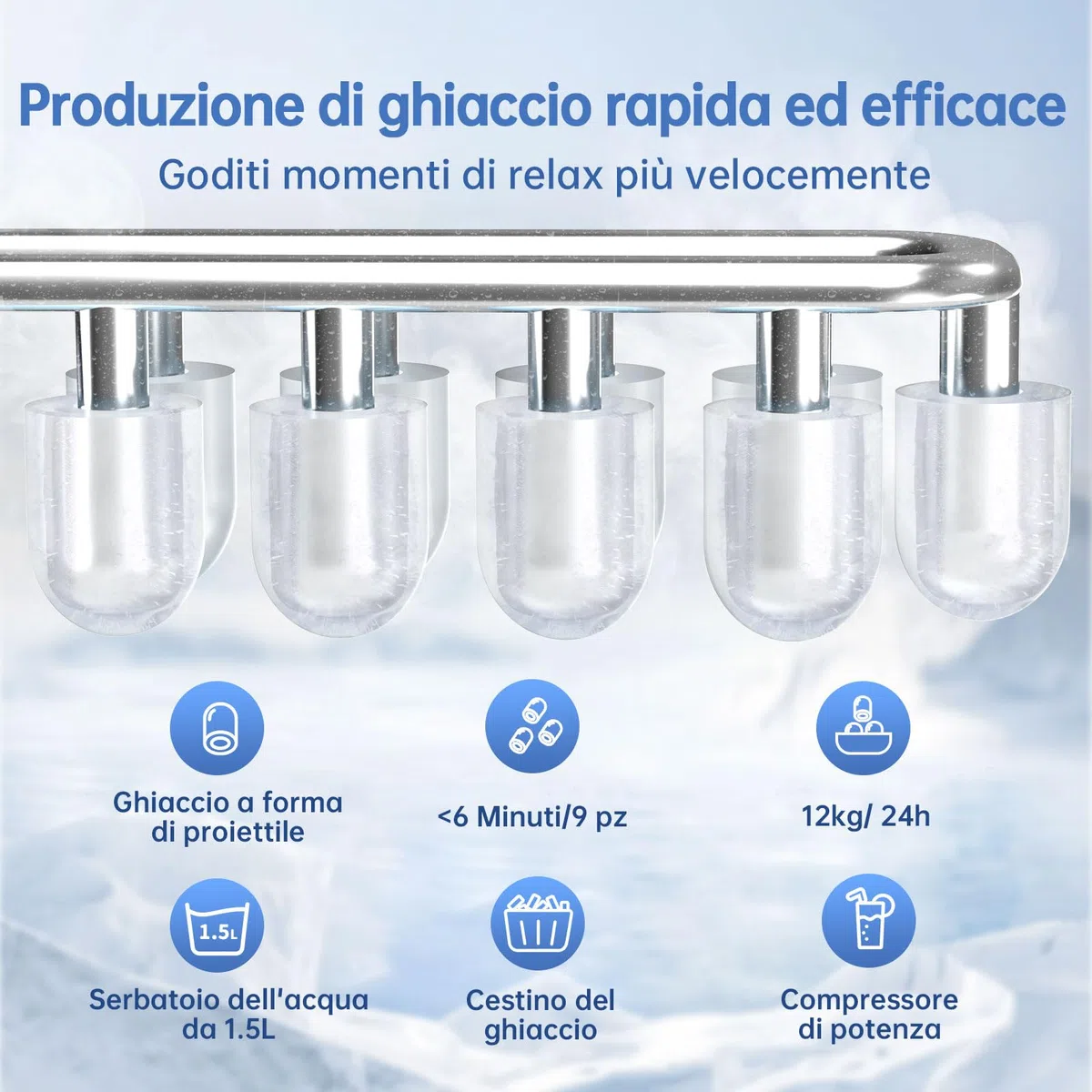 WIE Macchina Ghiaccio, 1.5L Macchina del Ghiaccio, 9 Cubetti di Ghiaccio in 6 Minuti, con Maniglia/Cestello/Pala/Silenzioso, Acciaio Inossidabile
