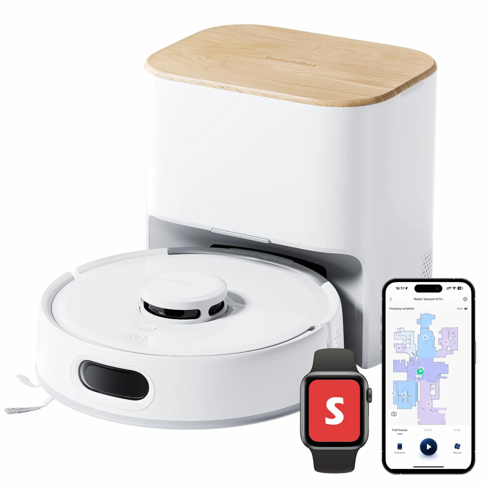 SwitchBot K11+ Robot aspirapolvere e lavapavimenti con Matter, 6.000 Pa, svuotamento automatico per 90 giorni, sistema LDS, ultra-sottile con 9 cm, compatibile con Apple Casa, Alexa e Google Home