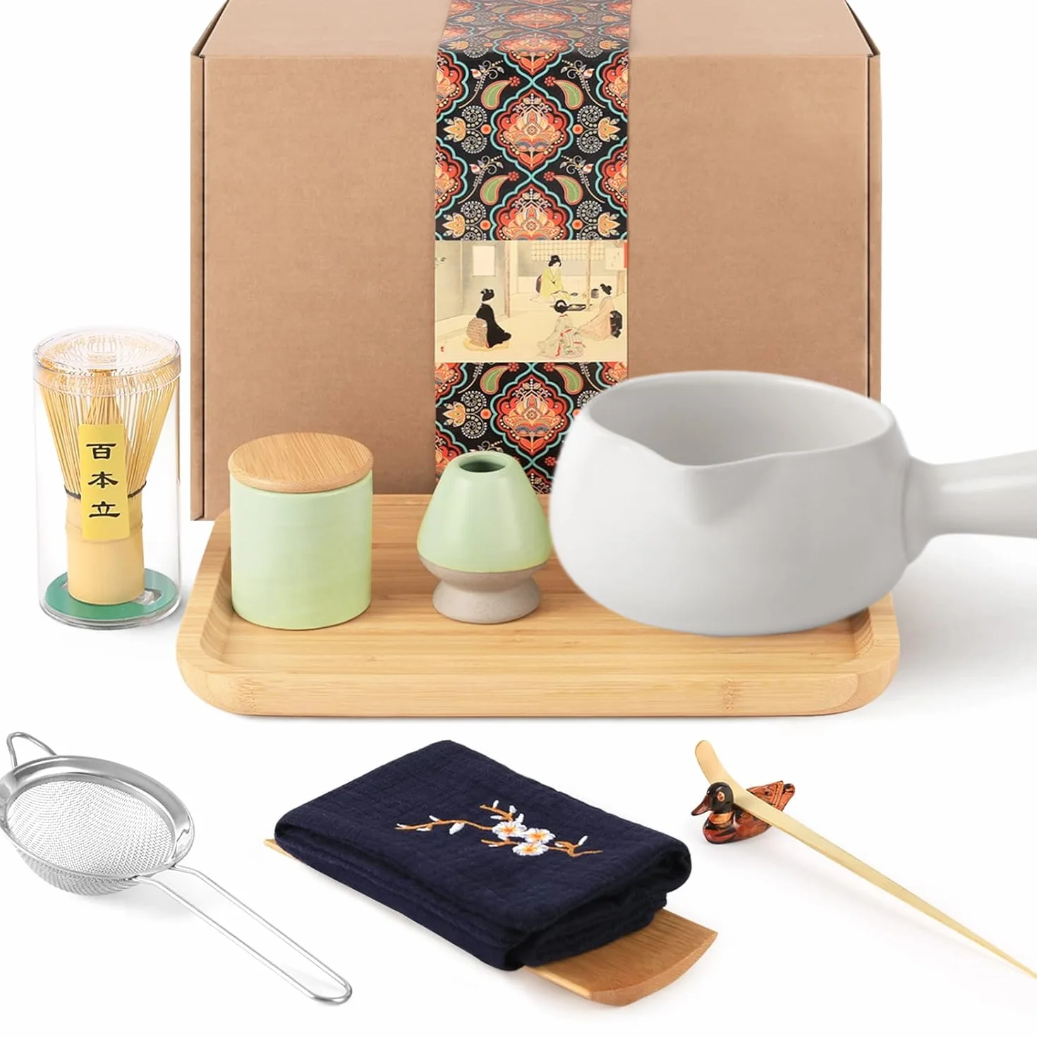 Set da tè matcha giapponese, ciotola con beccuccio versatore, vassoio da tè, frusta Matcha, supporto per frusta in ceramica, contenitore per polvere di matcha, kit fatto a mano per