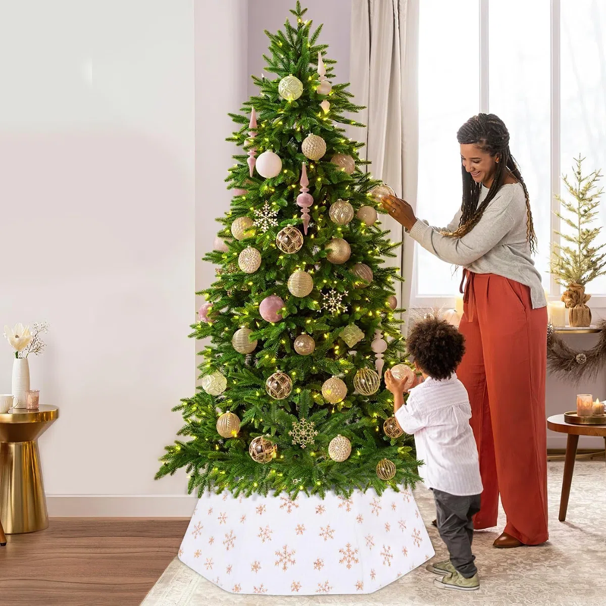 Base Albero di Natale, Ø80cm Paillettes Peluche Finta Pelliccia Albero di Natale Gonna Pieghevole Supporto per Giardini Interni ed Esterni