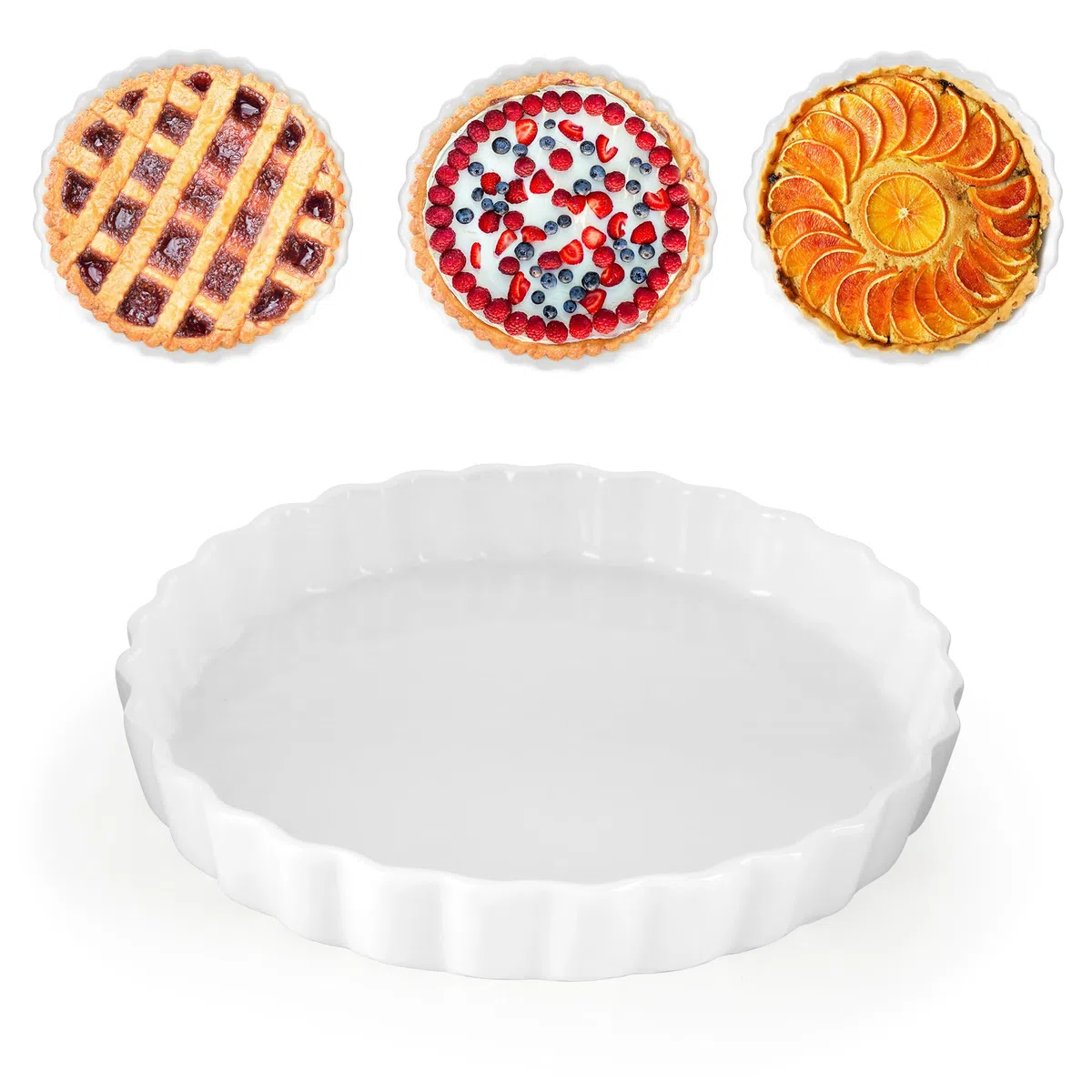 Teglia per quiche in ceramica per forno, 22 cm, per torte, teglia da forno antiaderente rotonda, teglia per quiche, bianca