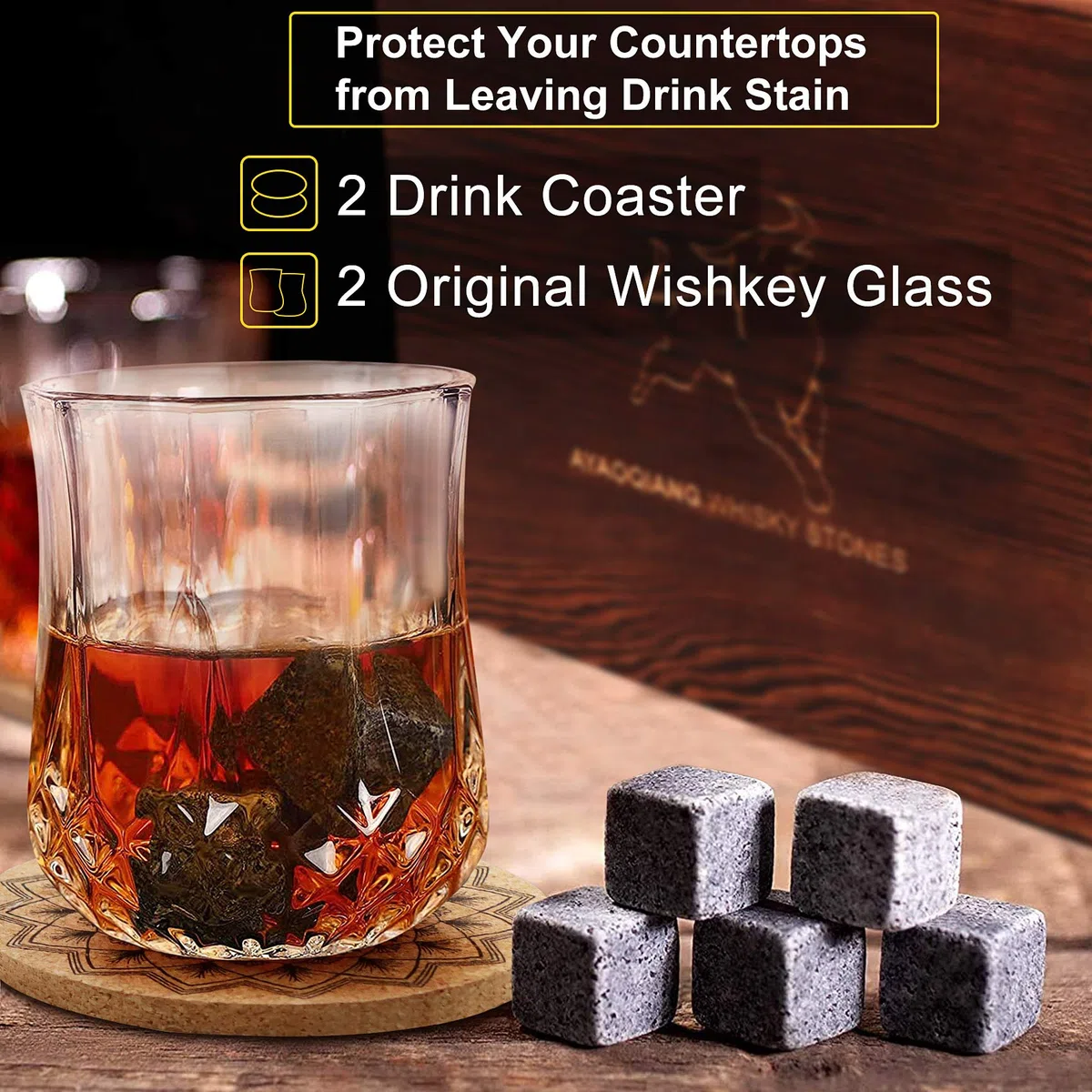 Whisky Stones Set da Regalo da uomo di Pietre e Bicchieri di Whisky, Set di 8 Granito Cubetti di Ghiaccio Riutilizzabil, 2 Bicchieri da Whiskey, Whisky Pietre Set con Sottobicchieri.