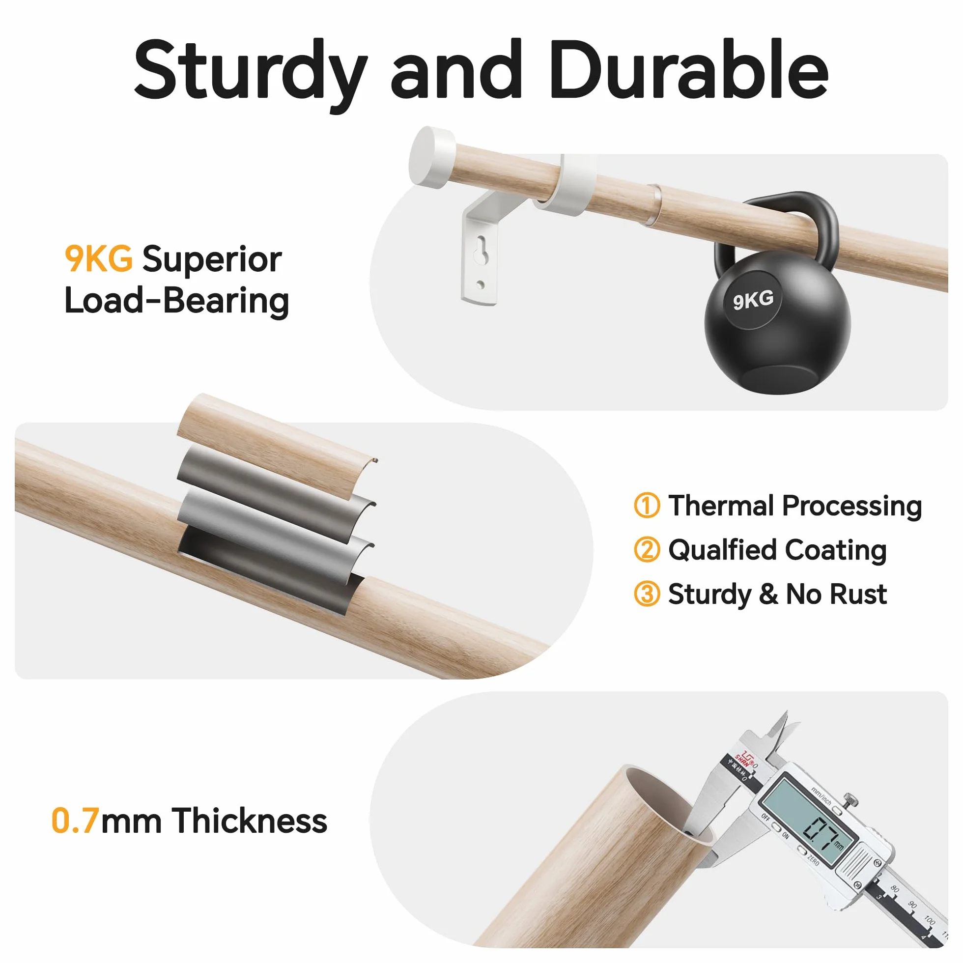 Bastoni Per Tende Con Venature di Legno 70-135 CM, Bastone Tenda Estensibile da 19 MM con Terminale Bianco, Bastone Tenda in Metallo Per Tende con Occhielli, Decorazioni Eleganti per Balconi, Cucine