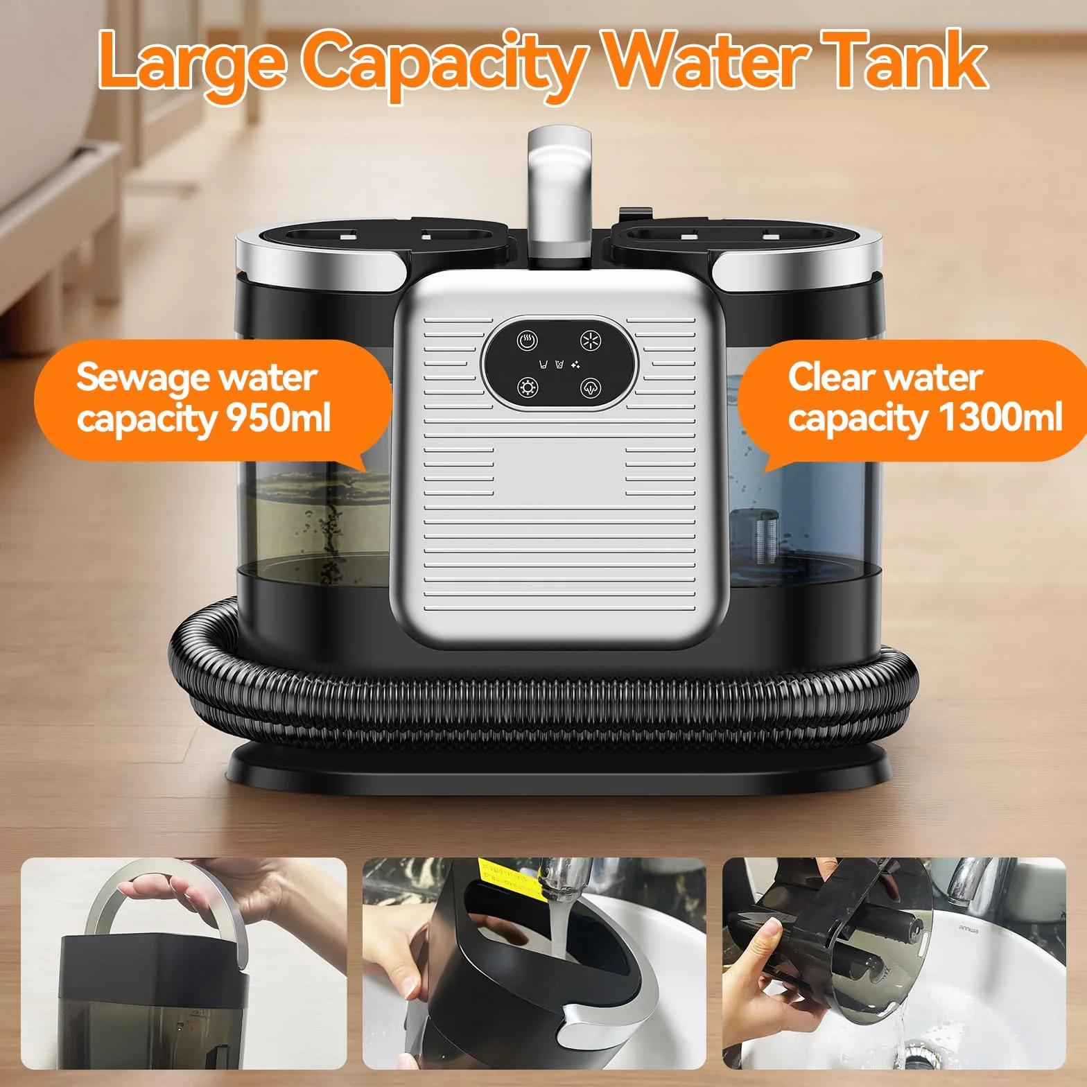 Lavatappeti Portatile, 1650W Aspirapolvere Pulitore di Tappeti con Cinque Modalità di Decontaminazione, 13Kpa Lava Divano ad Acqua a Secco Umido con 2 Serbatoi D'acqua Rimovibili