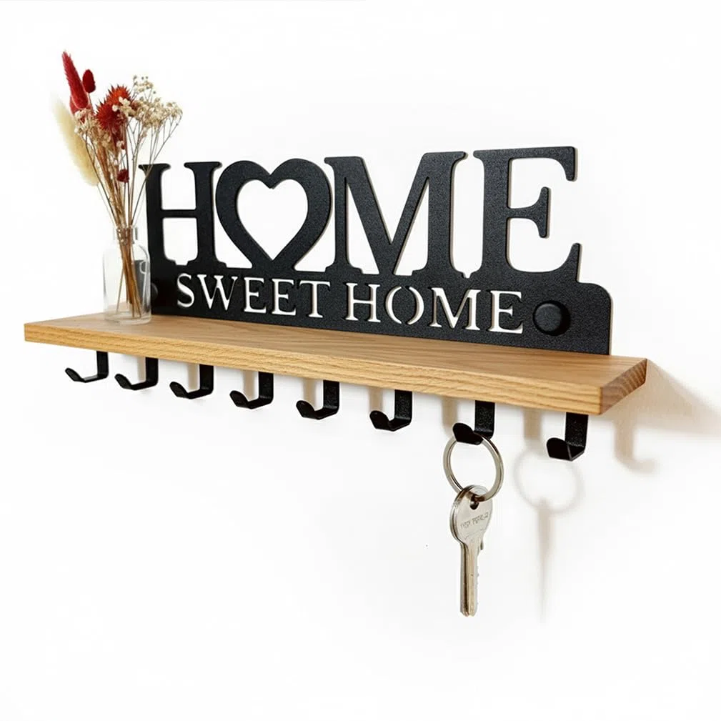 Portachiavi con Mensola in Legno Massello e Metallo – Organizer da Parete con 8 Ganci – Targa Home Sweet Home per l’ingresso