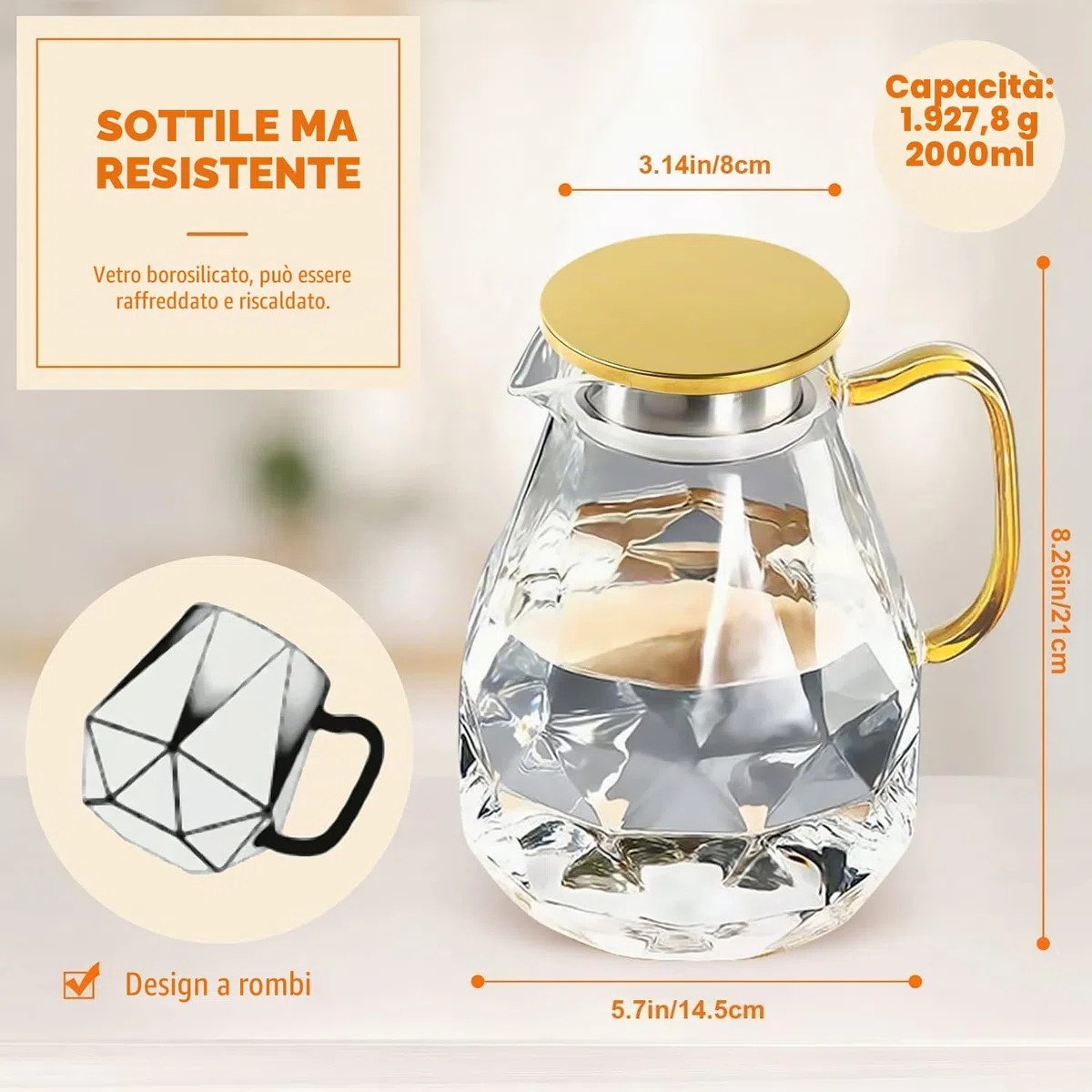 DUJUST Caraffa per Acqua con Coperchio in Acciaio Inossidabile [2 L],Brocca in Vetro con Maniglia di Disegno del Diamante, Decorazione per la Stanza, Caraffa in Vetro per Acqua ad Alta Durata
