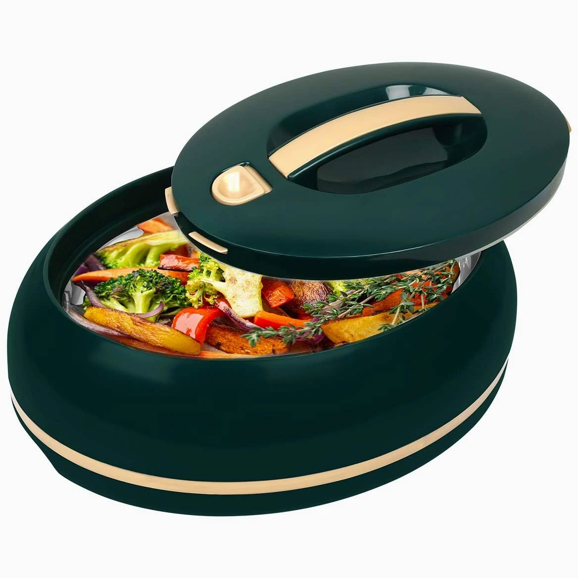 Elegante casseruola ovale isolata, coperchio aperto con una sola mano, 0,9 l, di lusso, scaldavivande, ciotola termica per buffet/feste, contenitore per alimenti caldi in acciaio inox, pino scuro