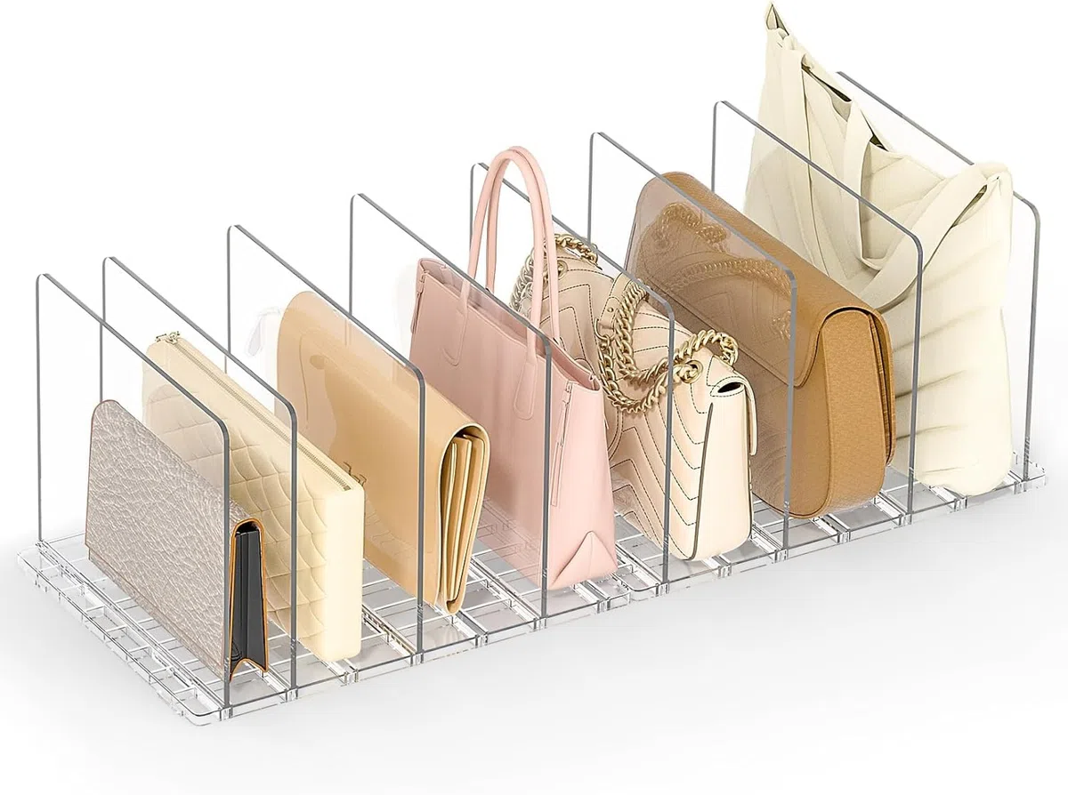Set 10 Divisori per Borse, Divisori per Borse per Armadio in Plastica, Organizzatore Armadio Regolabile con Base a Fessure e Divisori per Armadio Interno per Borse,Vestiti,Scarpe,Con Base