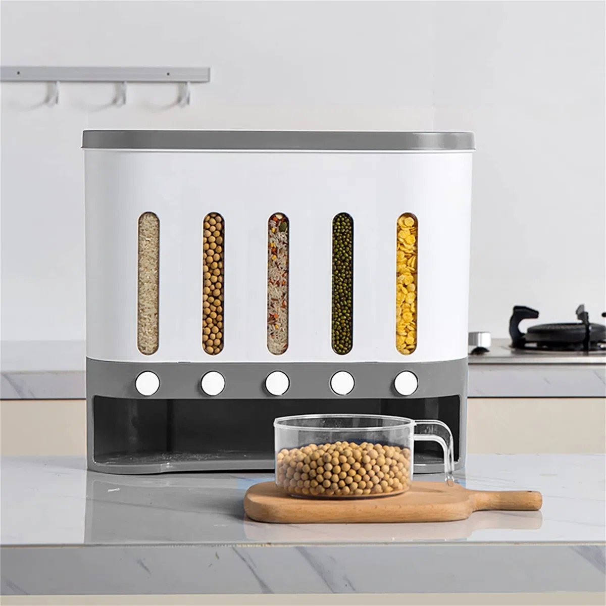 Cornflakes - Dispenser per cereali con misurino, con divisorio, design trasparente e visibile per la conservazione di riso nero, mais, ecc., 40 x 15 x 34 cm