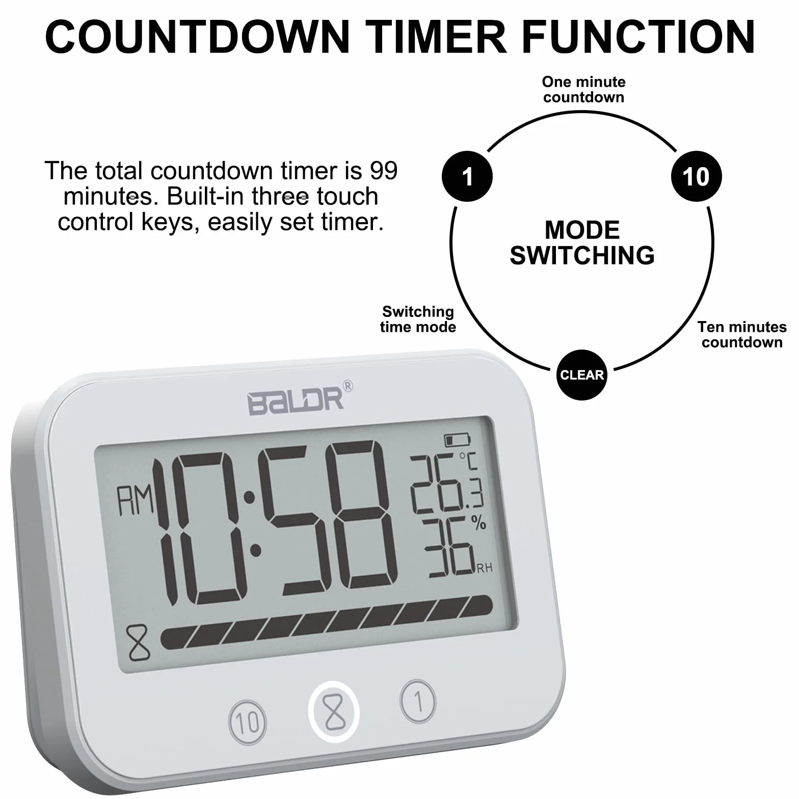 Orologio da Bagno Digitale, Orologio da Doccia Impermeabile IP54 con Temperatura e Umidità, Conto alla Rovescia da 99 Minuti con Allarme, Ampio Timer LCD con 2 Ganci Adesivi e 2 Ventose
