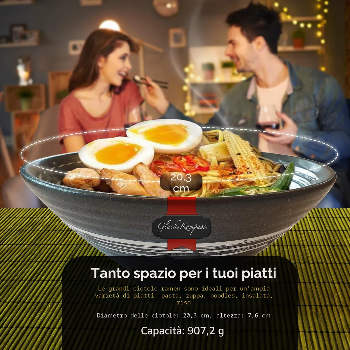 Set di ciotole per ramen giapponese in ceramica, grande: diametro 20 cm | Ciotola per zuppa, ciotola per riso asiatica, ciotola cinese, stoviglie tailandesi, cucchiaio