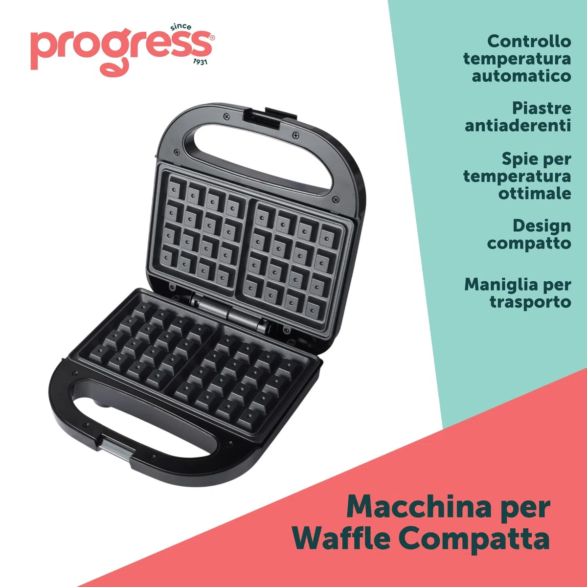 Progress EK5852P Macchina per Waffle doppia – Macchina per dessert elettrica, piastre da cucina antiaderenti, Ferro per waffles belga/americane, controllo automatico della temperatura, 750W