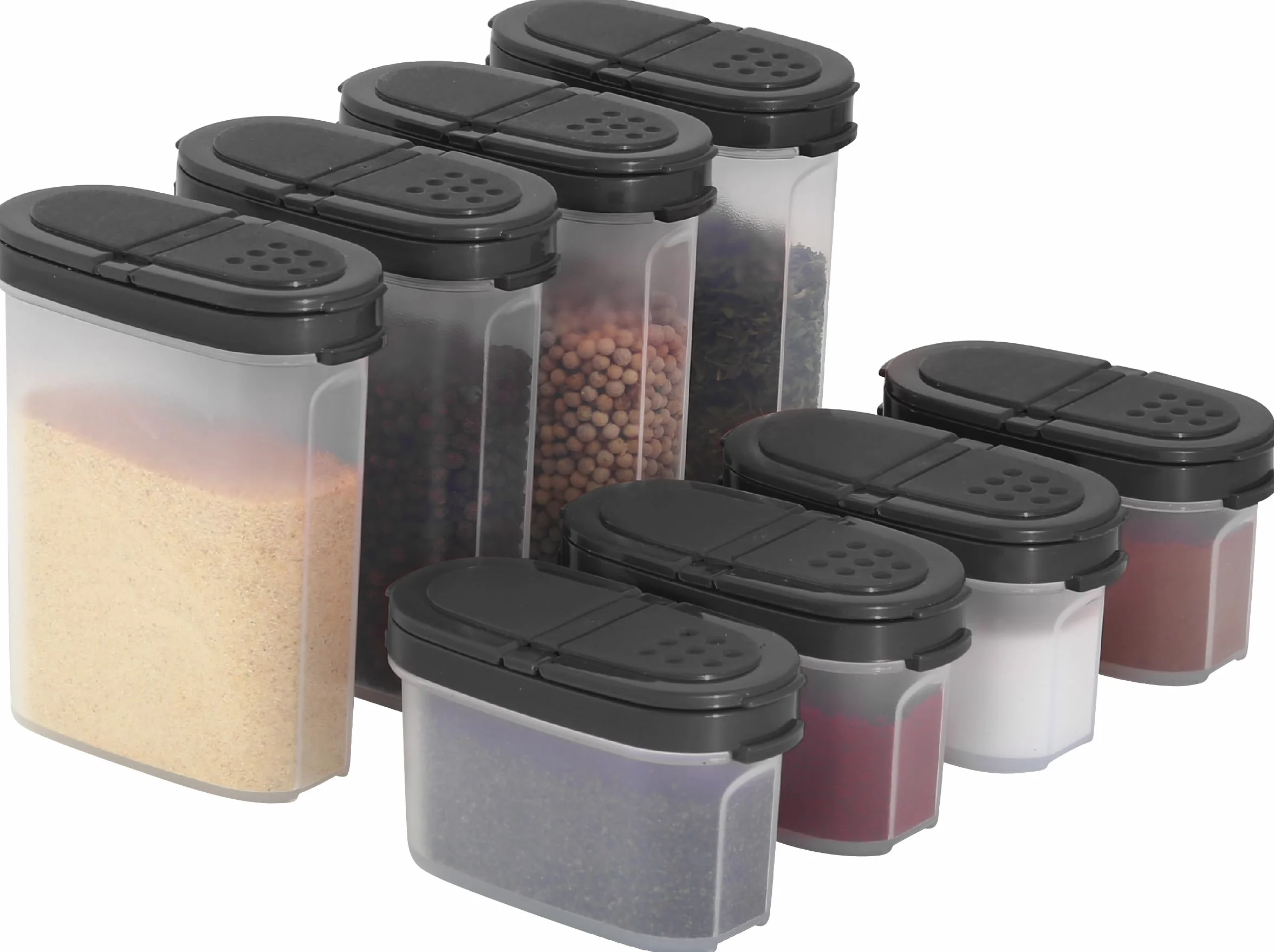SIGNORA WARE Contenitori in plastica per spezie – Set di barattoli per spezie 8 pezzi, 4 mini, 4 grandi – Barattoli per spezie per conservare spezie, erbe, marinata, zucchero, sale, pepe – Barattoli