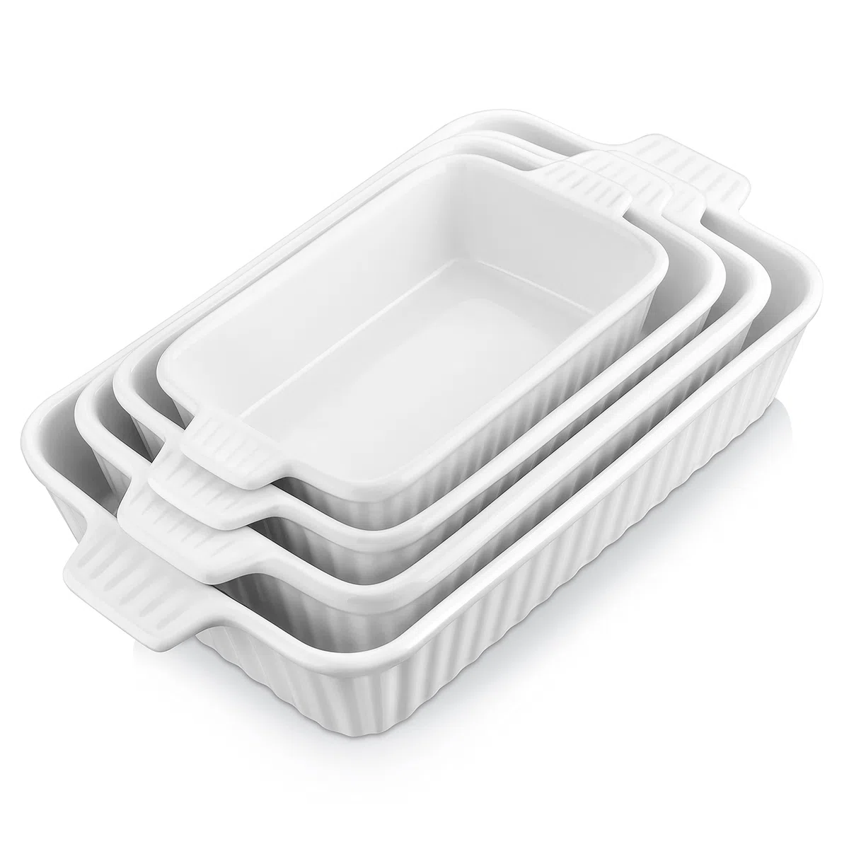 MALACASA Serie BAKE, Pirofile da Forno Rettangolari per Lasagne, Set di 4 Teglie da Forno in Ceramica 3020, 2080, 1480, 850 ml, Pirofila Ceramica Grande Antiaderenti Bianca
