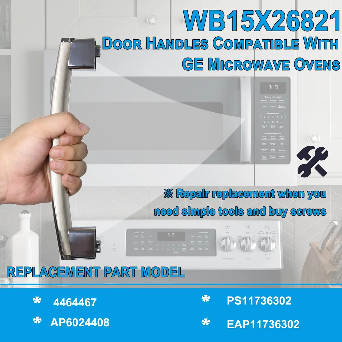 Ricambio per maniglia per porta microonde WB15X26821 GE, parti elettriche generiche per microonde, compatibile con JVM6175SK2SS JVM7195SK3SS JVM6175SK1SS JVM6175EK2ES JVM7195SK1SS, 4464467 AP6024408
